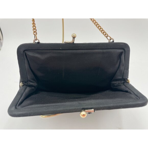 Vintage Embroidered Black Satin Evening Bag With Gold Chain & Clasp Closure - Picture 3 of 4